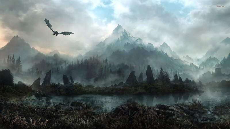 Dragon Flying over Mountains — Gray, Dramatic, Digital Art, Forest