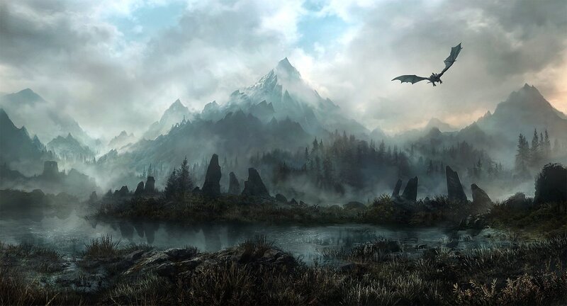 Dragon Flying over Mountains — Gray, Dramatic, Digital Art