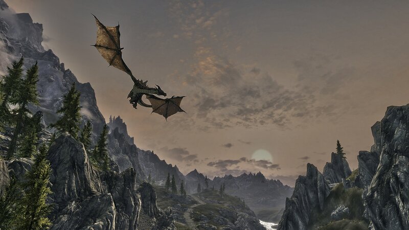 Dragon Flying over Mountains — Gray, Dramatic, Sunset