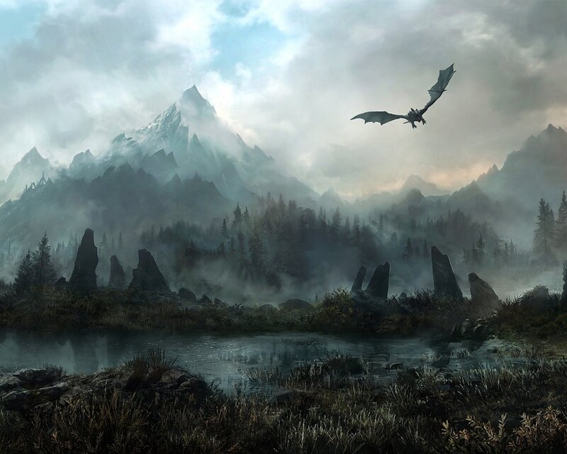 Dragon Flying over Mountains — Gray, Dramatic