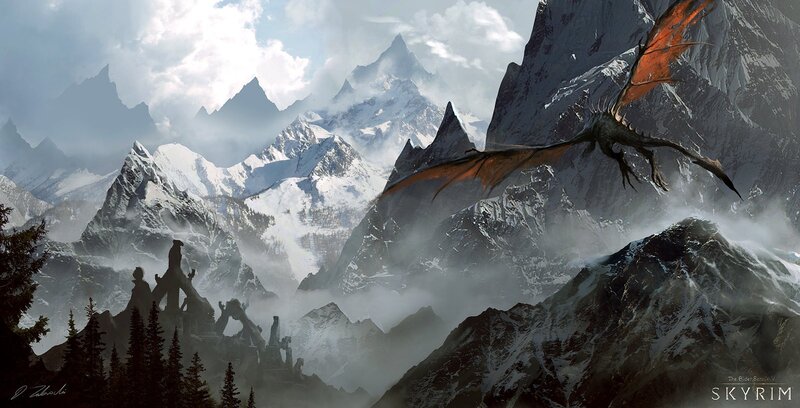 Dragon Flying over Mountains — Gray, Dramatic, Winter, Digital Art