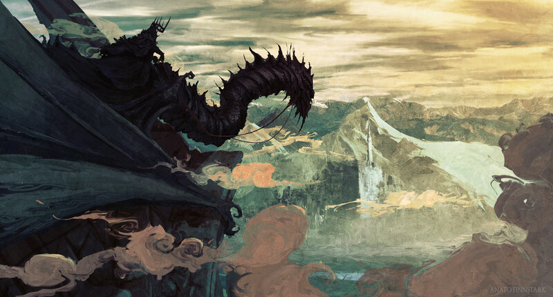 Dragon Flying over Mountains — Green, Dramatic