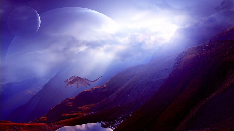 Dragon Flying over Mountains — Purple, Dramatic, Digital Art