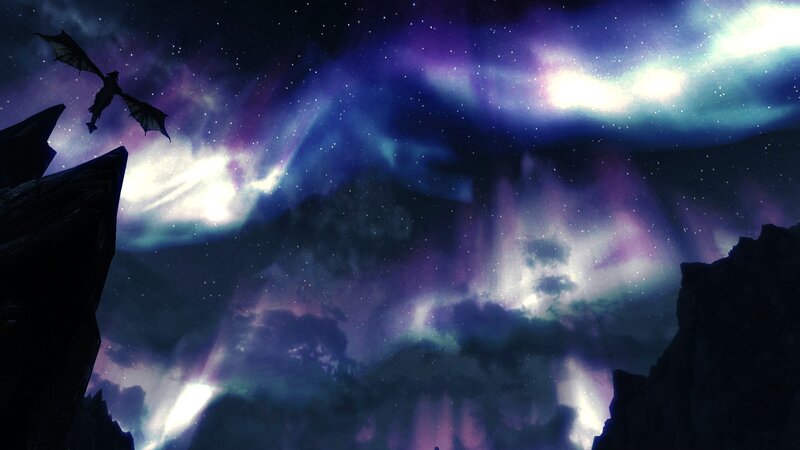 Dragon Flying over Mountains — Purple, Dramatic, Night, Digital Art, Aurora