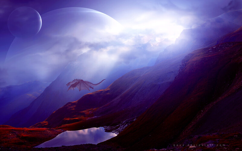 Dragon Flying over Mountains — Purple, Dramatic, Night