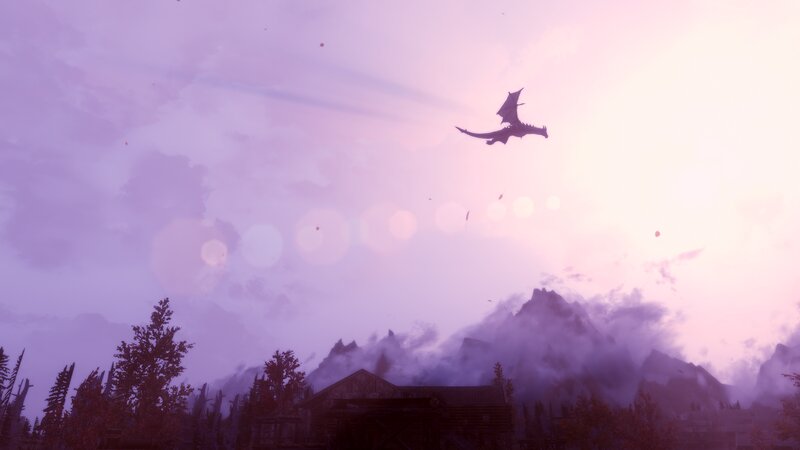 Dragon Flying over Mountains — Purple, Serene, Sunset