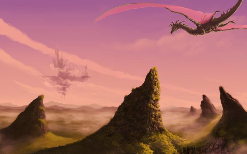 Dragon Flying over Mountains — Purple, Serene