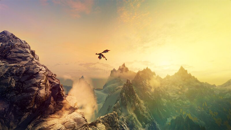Dragon Flying over Mountains — Yellow, Dramatic, Sunset, 3d Render