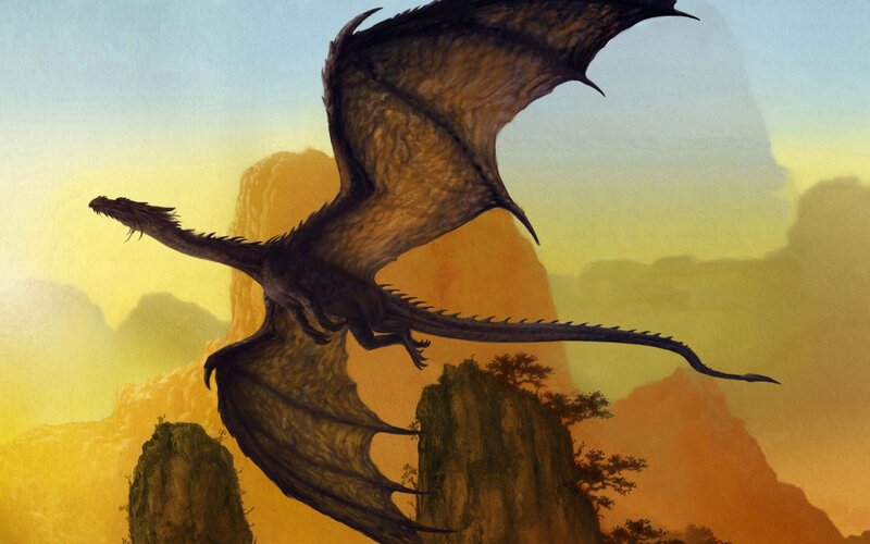Dragon Flying over Mountains — Yellow
