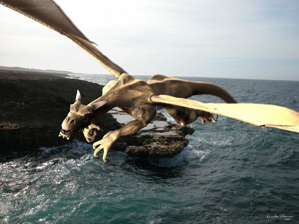 dragon flying over ocean