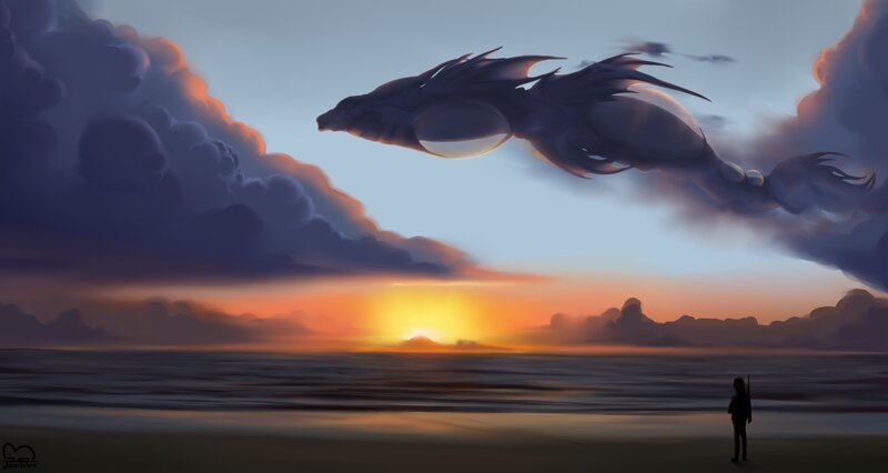 Dragon Flying over Ocean — Orange