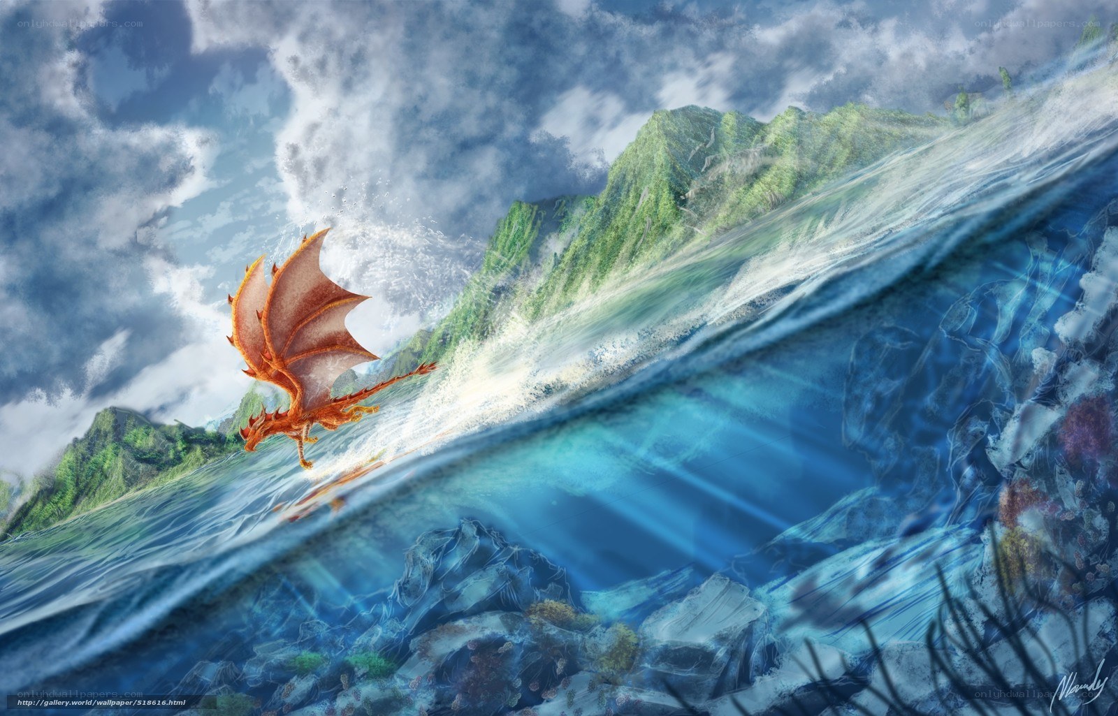 Dragon flying over ocean waves