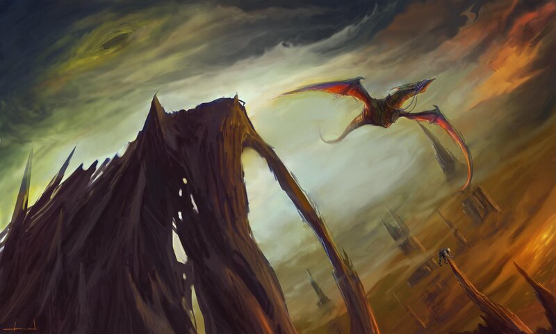 Dragon Flying over Ruins — Brown, Dramatic