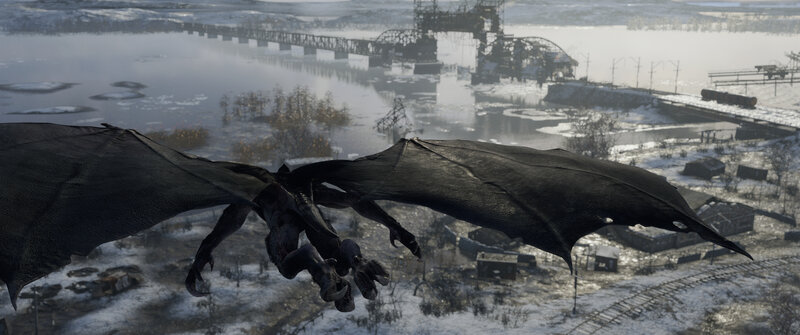 Dragon Flying over Ruins — Gray, Dramatic