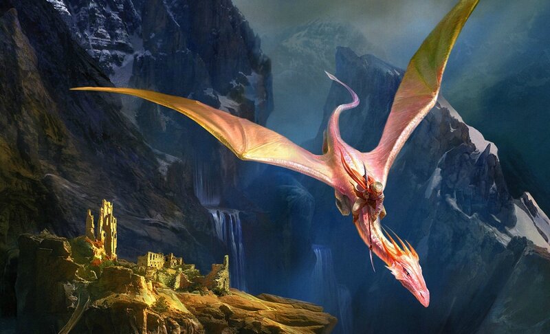 dragon flying over ruins