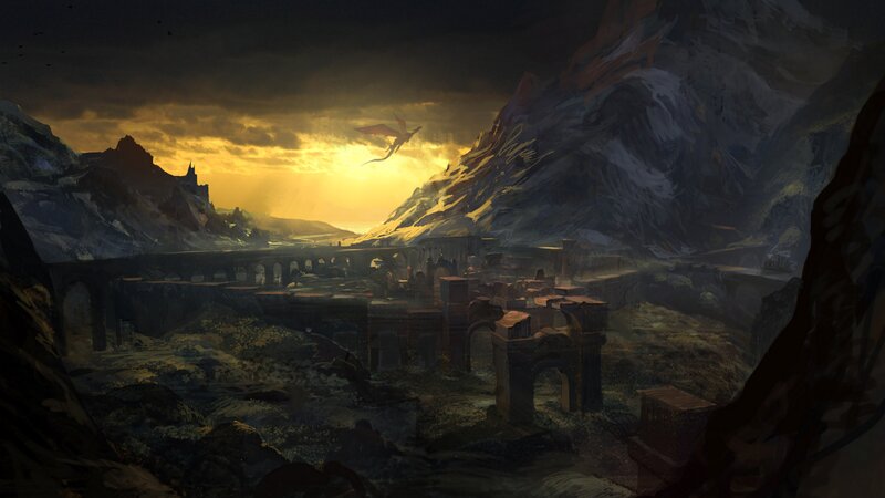 Dragon Flying over Ruins — Yellow, Dramatic, Sunset