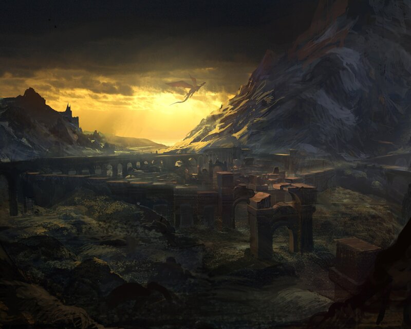 Dragon Flying over Ruins — Yellow, Dramatic