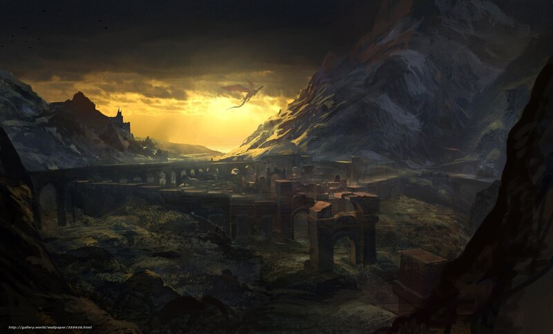 Dragon Flying over Ruins — Yellow