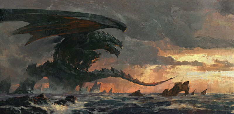 Dragon Flying over Sea — Gray