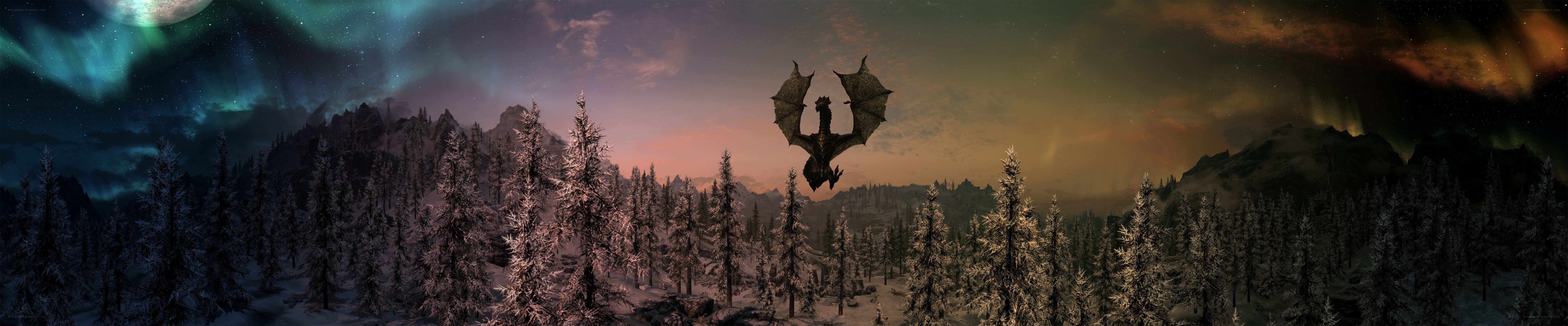 Dragon flying over snowy forest