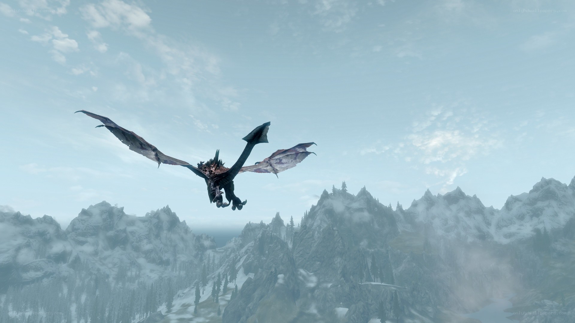 dragon flying over snowy mountains