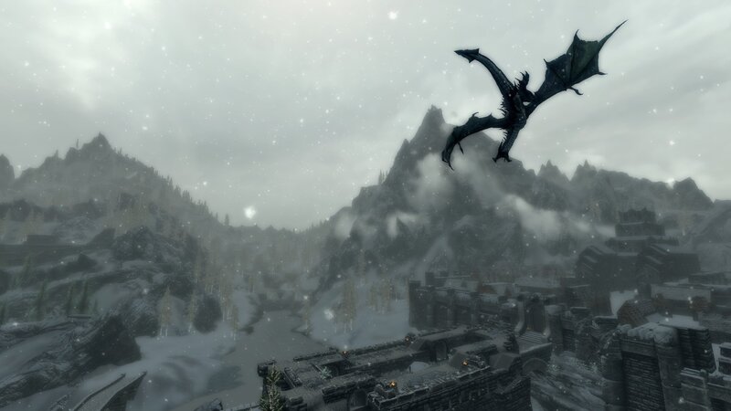 dragon flying over snowy ruins