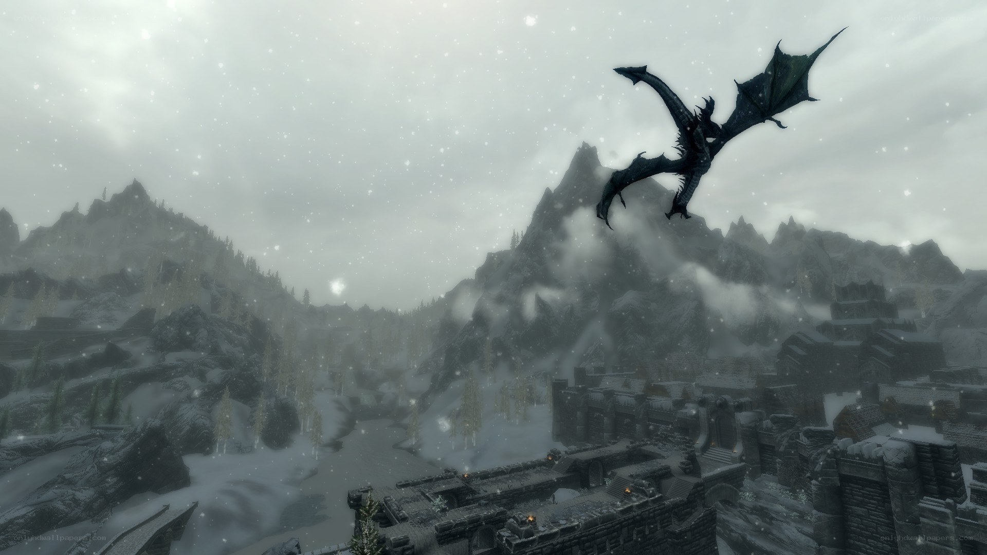 dragon flying over snowy ruins