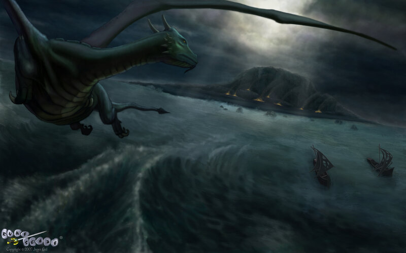 Dragon flying over stormy sea