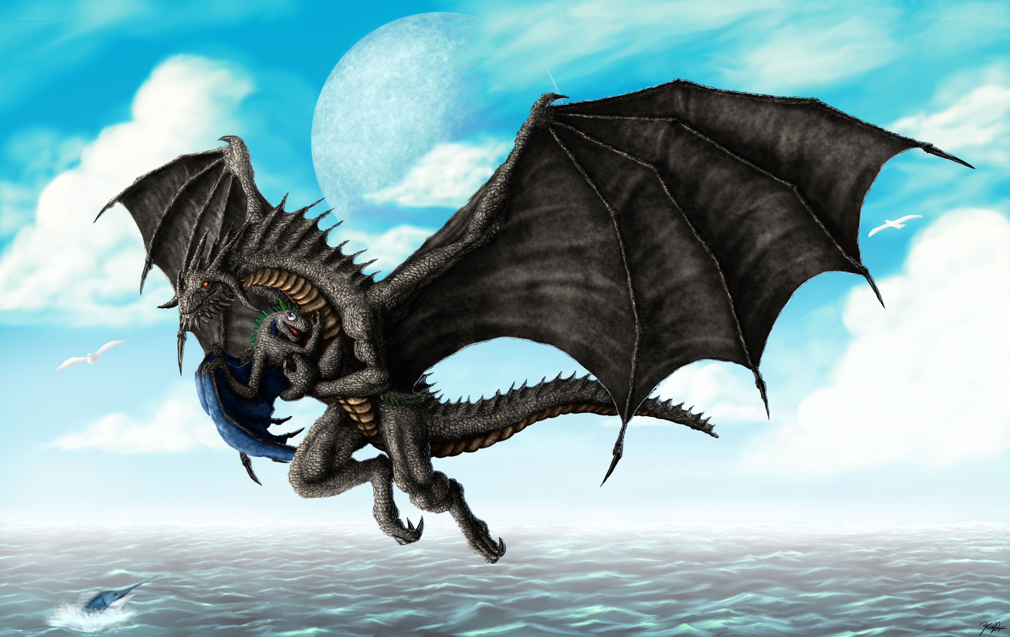 dragon flying over the sea