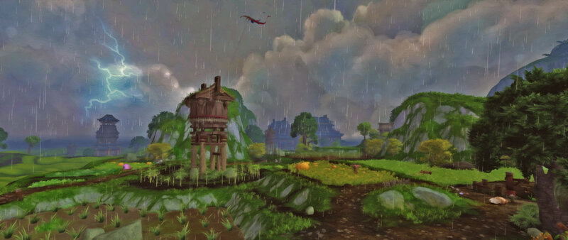 Dragon Flying over Village — Green