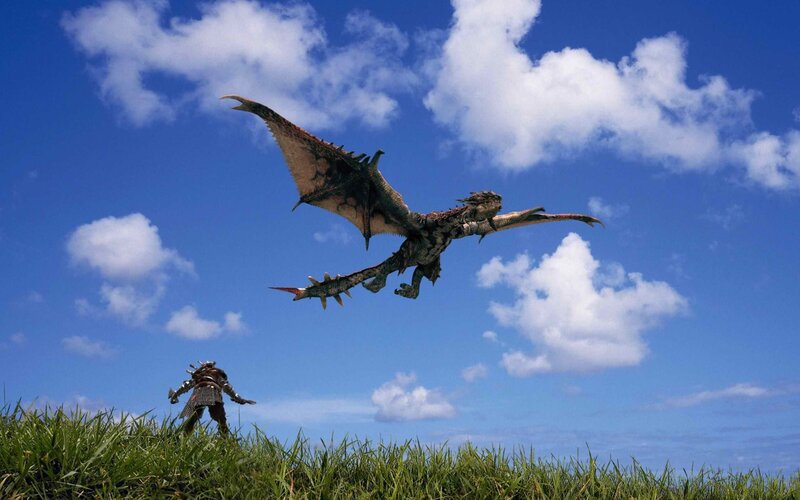 dragon flying over warrior