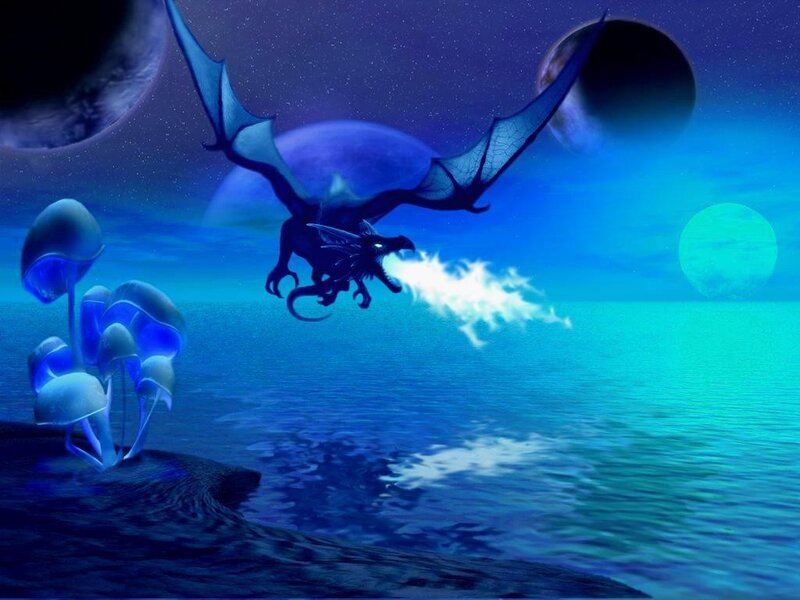Dragon Flying over Water — Blue