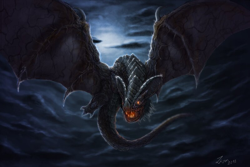 Dragon Flying over Water — Dark Blue, Dramatic