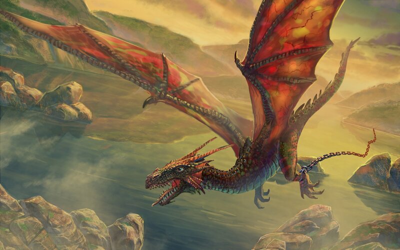 Dragon Flying over Water — Red, Dramatic, Sunset