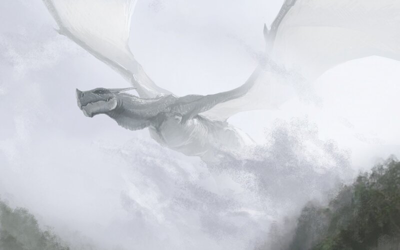 dragon flying through mist