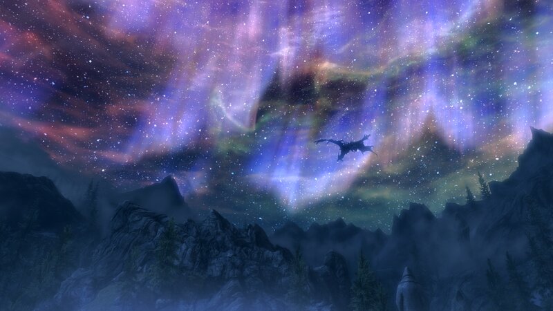 dragon flying under aurora