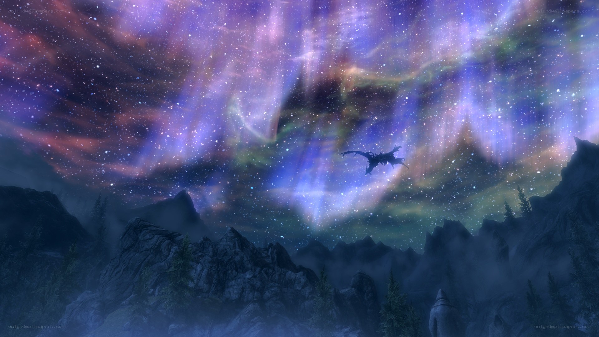 dragon flying under aurora