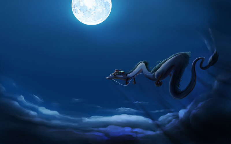 dragon flying under moon