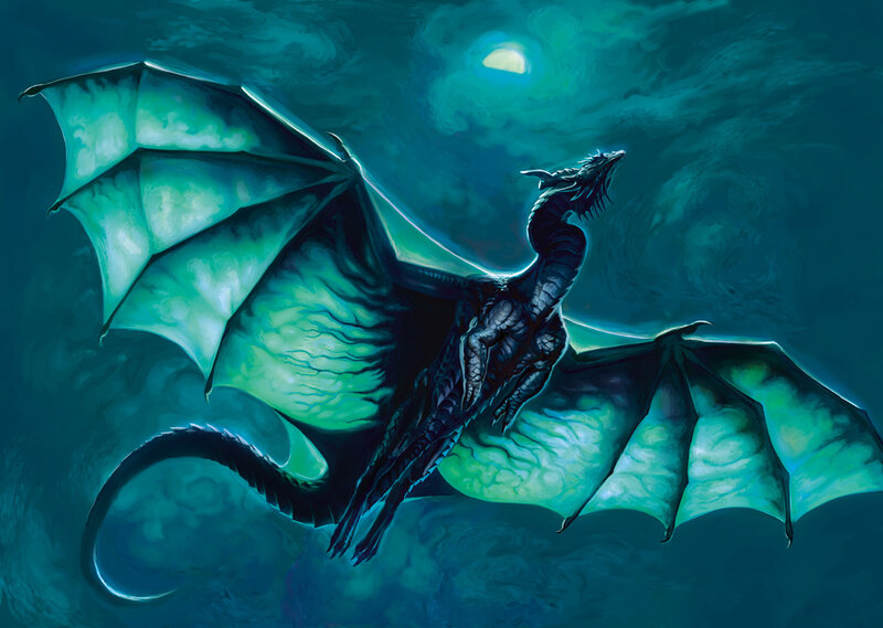 dragon flying under moonlight