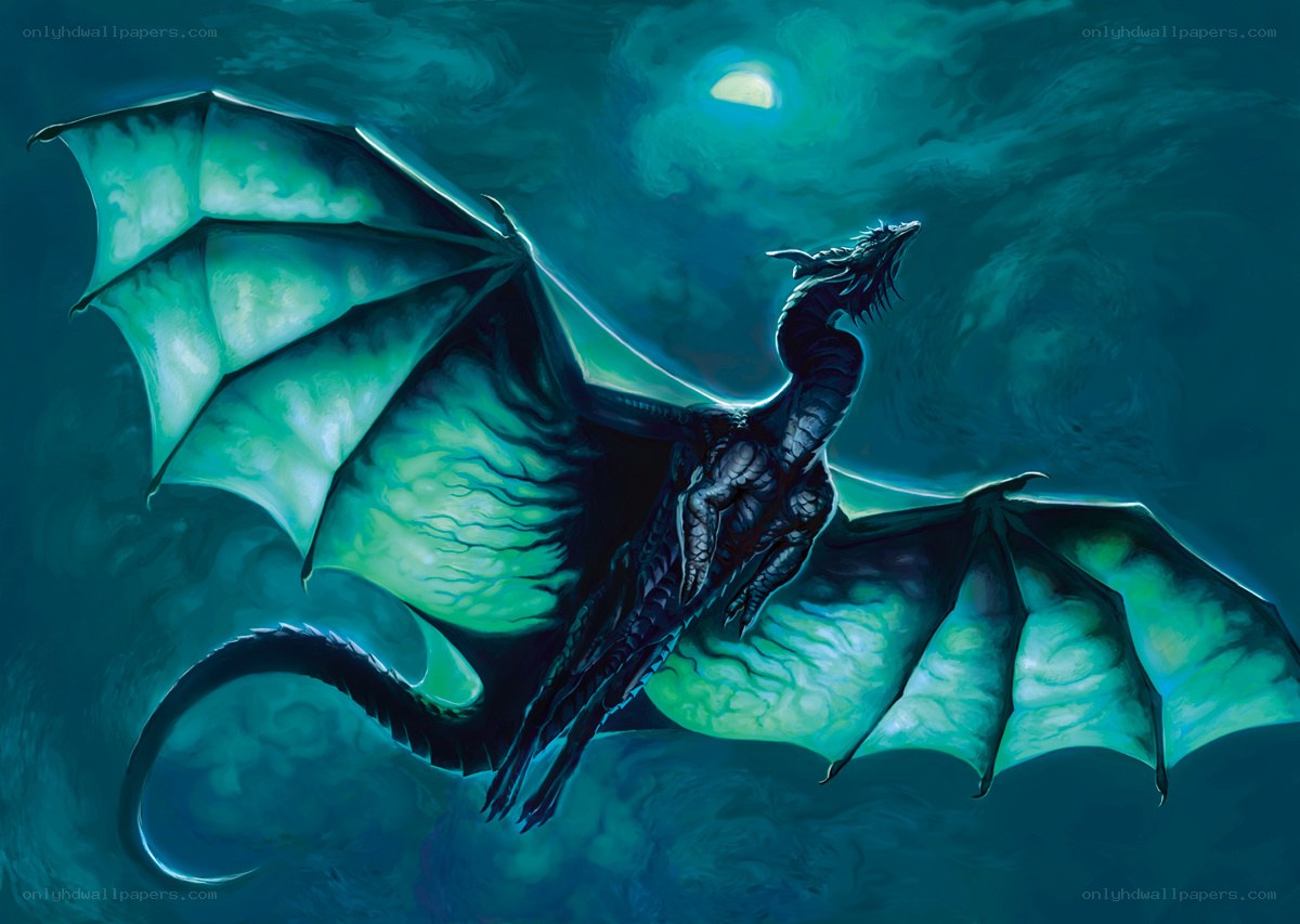 dragon flying under moonlight