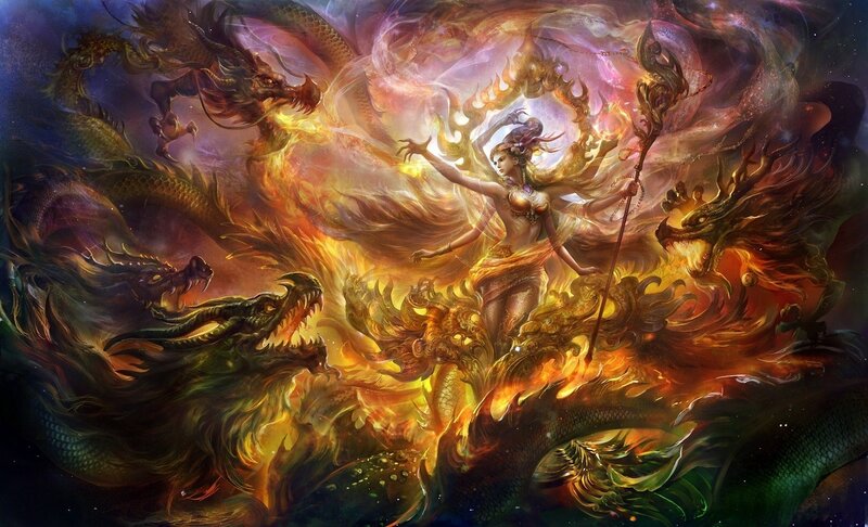 Dragon goddess in fiery battle