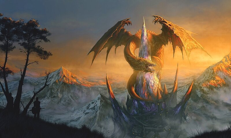 Dragon Guarding a Castle — Orange, Dramatic