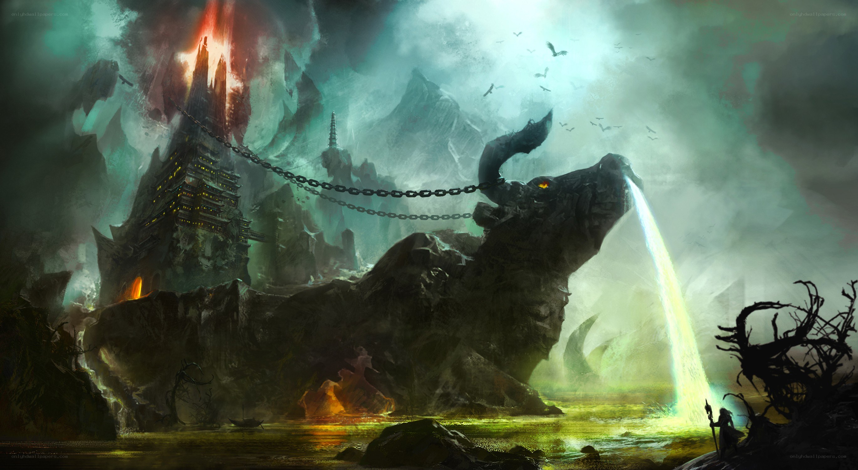 dragon guarding a fortress
