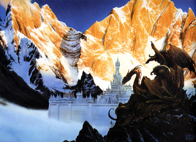 Dragon guarding a mountain castle