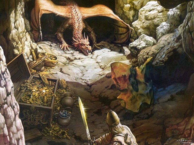 Dragon Guarding Treasure — Brown, Dramatic, Digital Art