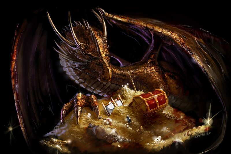 Dragon Guarding Treasure — Brown, Dramatic, Night, Digital Art, Treasure Chest