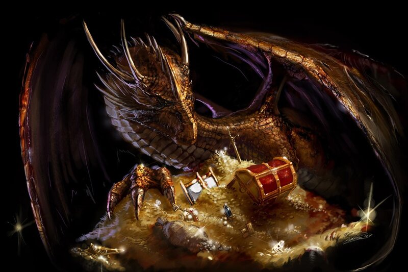 Dragon Guarding Treasure — Brown, Dramatic, Night
