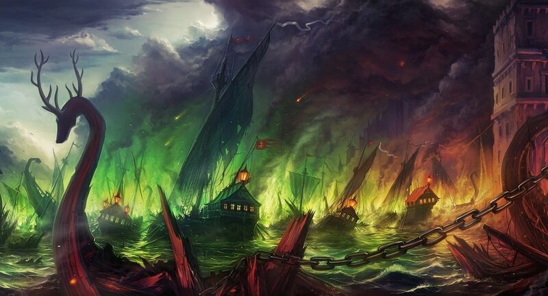 Dragon-headed Ship in Battle — Green, Dramatic, Night