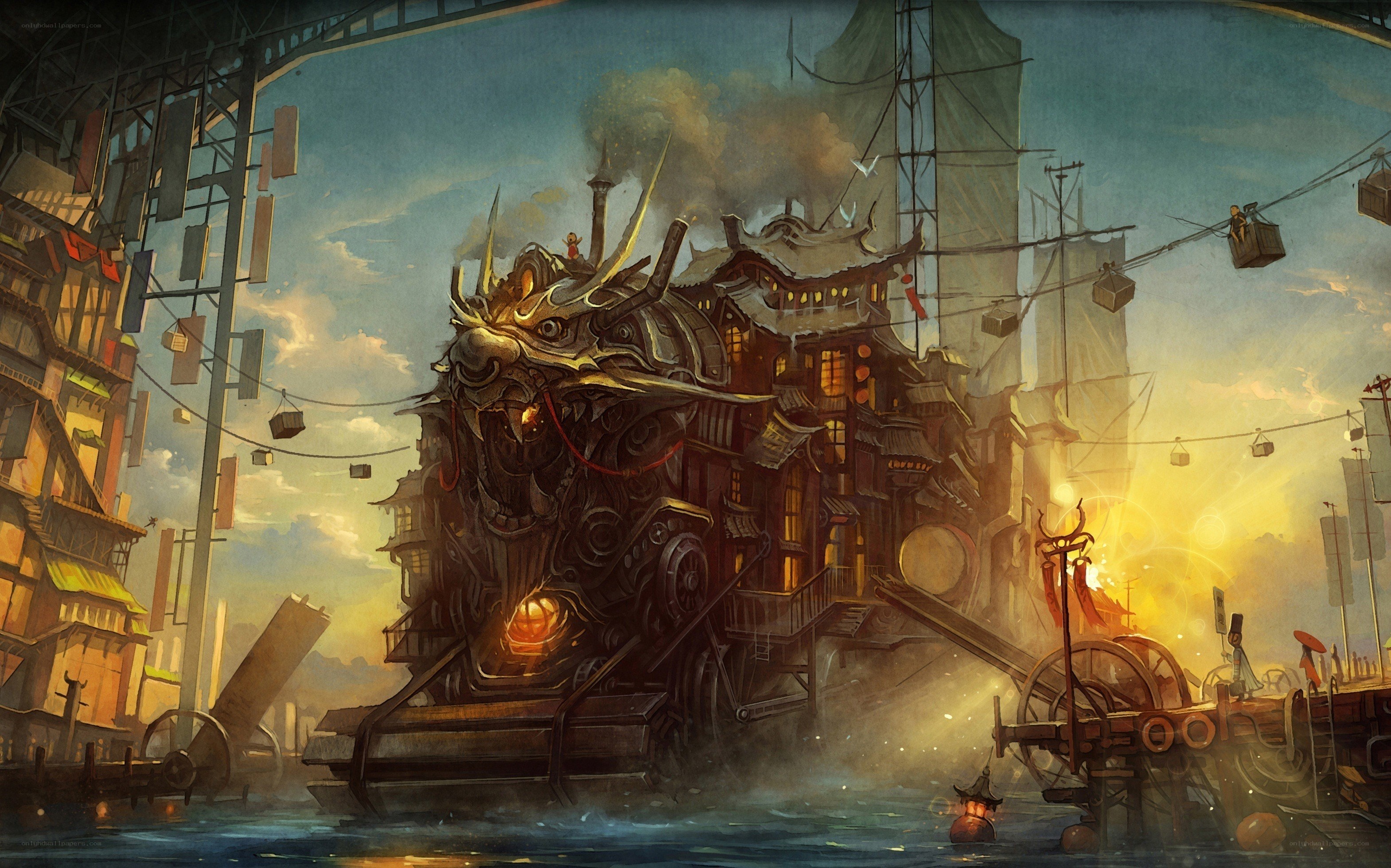 dragon-headed steamship at sunset