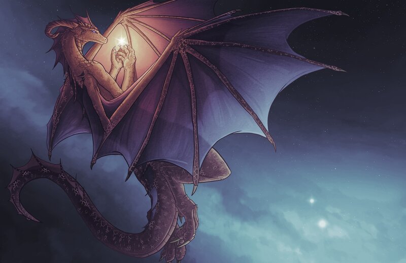 Dragon Holding a Light — Purple, Dramatic, Night, Digital Art